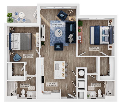 Floor plan for 2 beds, 2 baths, 1072 sqft